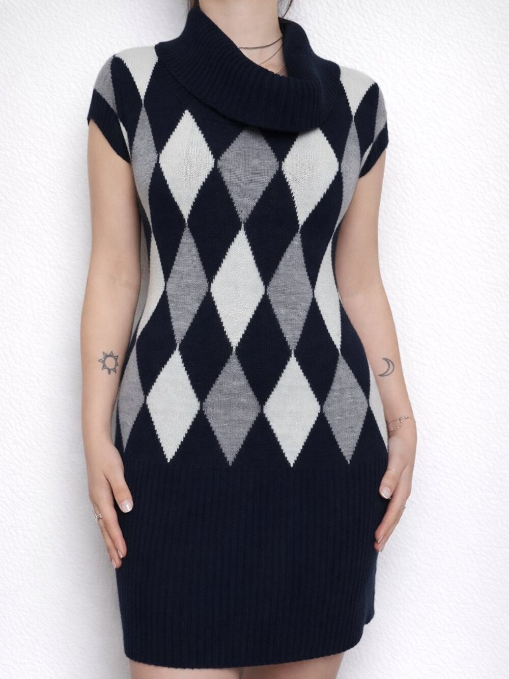 Vintage Black & Gray Argyle Sweater Dress with Cowl Neck